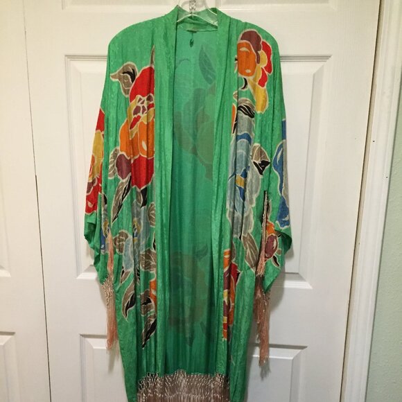 Other - Vintage Kimono Knotted Fringed  Made In Japan Floral Robe Open Front Flowers OS